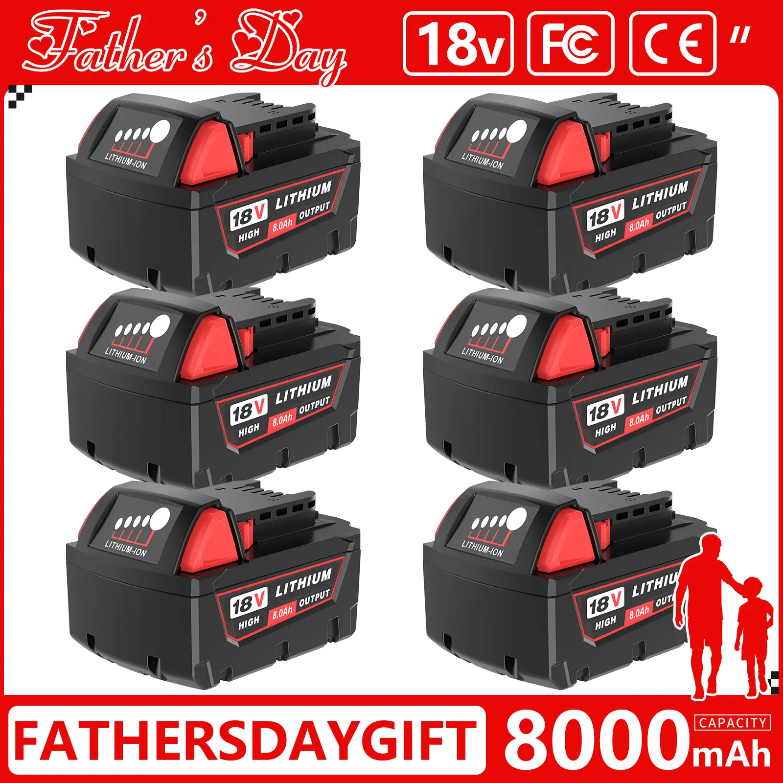 6Packs 18V 8.0Ah Replacement for Milwaukee M-18 Battery Compatible with 48-11-1865, 48-11-1850 and Cordless Tools Lithium-ion Capacity High #fathersdaygift