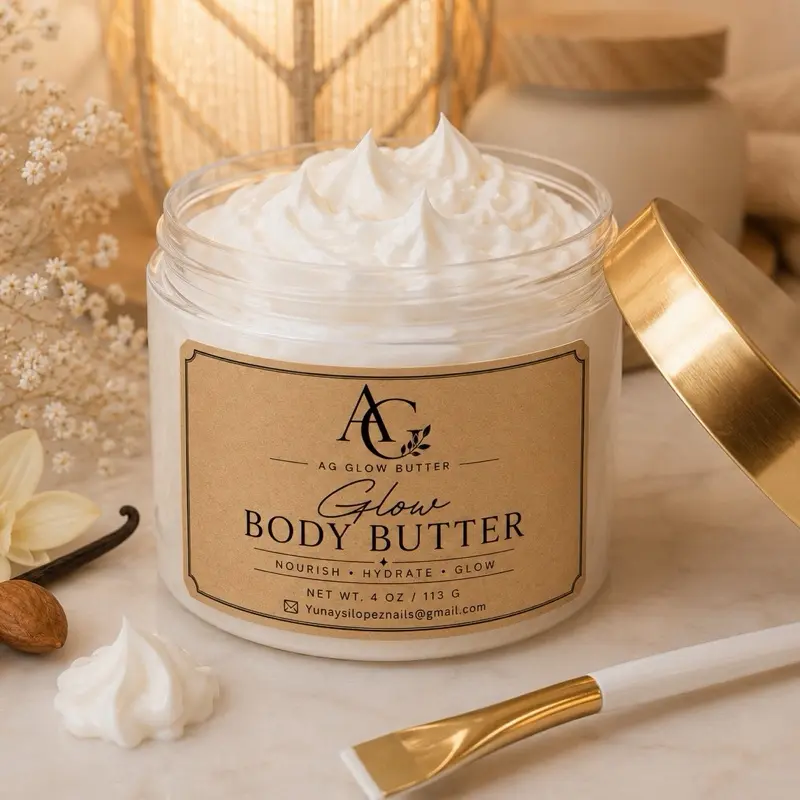 A:  Glow Body Butter – Almond & Vanilla Whipped Body Butter – 4 oz