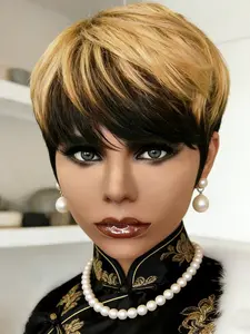 Short Straight Pixie Cut Human Hair Wig Ombre Honey Blonde Mix Black Layered Hair Full Machine Made For Women Daily Wear Pixie Wigs