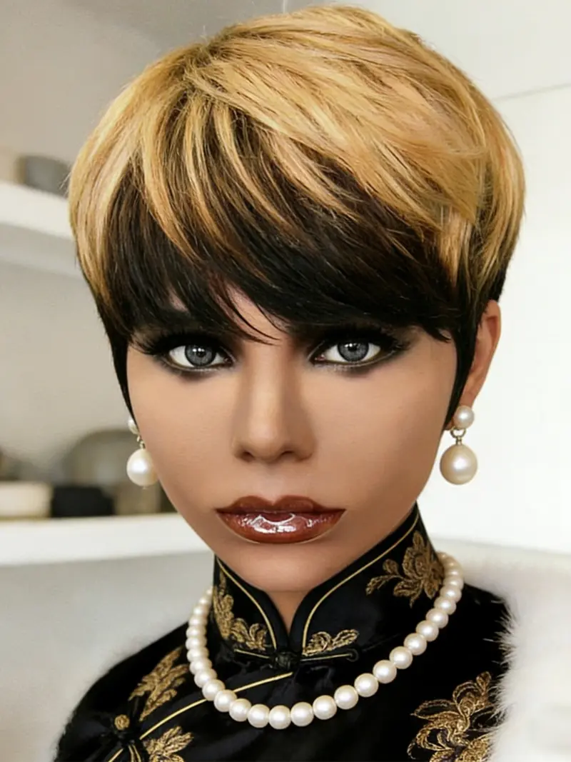 Pixie Cut 1B/613 Human Hair Wigs With Bangs Highlight Wig  display picture 1