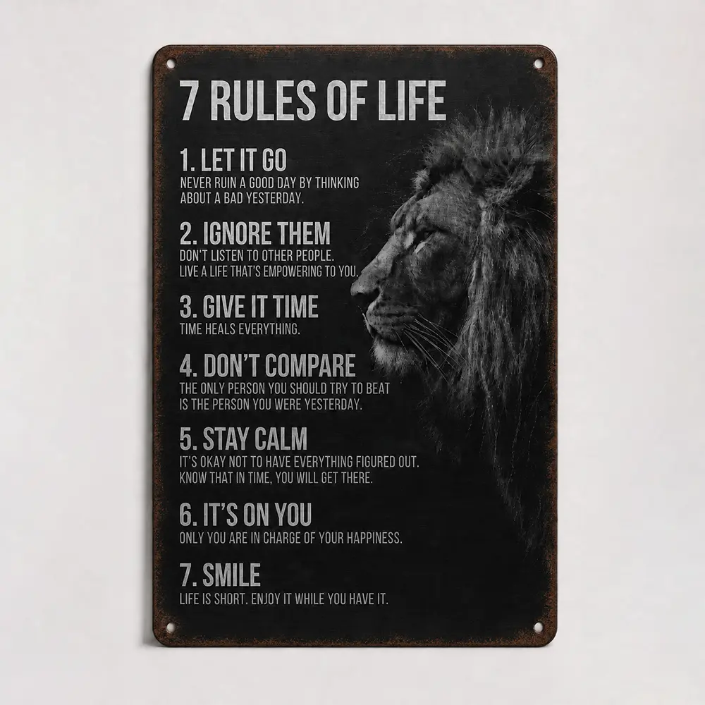 7 Rules of Life Lion Aluminum Metal Sign - Rustic Vintage Motivational Wall Decor, Black Inspirational Plaque for Home Office, Man Cave, 8x12 or 12x16 in Gift for Men