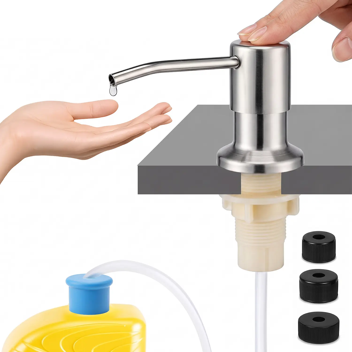 Silver Brushed Nickel Kitchen Sink Dish Soap Dispenser, Countertop Soap Pump with 47 Inch No-Spill Extension Tube Kit, Universal for Kitchen Bathroom, Avoid Frequent Soap Refills