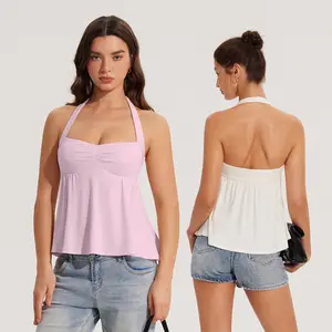 OMKAGI Cute Peplum Halter Tops for Women Built in Bra Sleeveless Going Out Tank Top