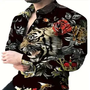 Men's Floral & Tiger Print Button Up Shirt, Regular Fit Casual Long Sleeve Top for Spring & Fall, Fashion Men's Clothes for Daily Wear
