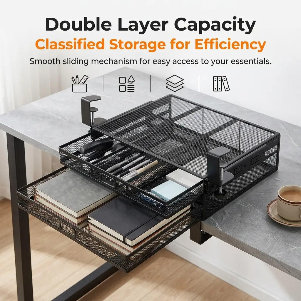 Clamp-on under desk mesh organizer with sliding drawer — 2-tier hanging wire basket storage rack, no-drill metal office cubicle shelf for files, keyboards, notebooks, and desk organization, black