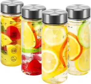 4 Pack Juice Bottles with Caps - Wide Mouth Resuable Clear Plastic Water Bottles for Juicing,Smoothie,Protein, Beverage,Storage Containers,,Leakproof Stainless Steel Lid(12 Ounces)