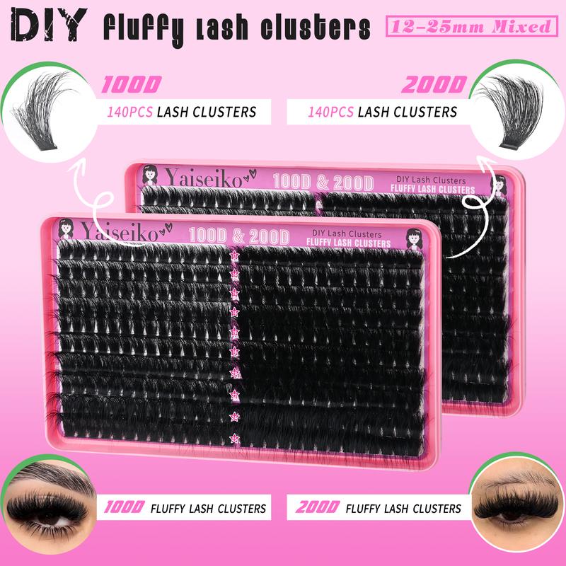 Lash Clusters 100D+200D Thick Eyelash Clusters 12-25mm Wispy Individual Mega Volume Lashes D C Cluster Eyelash Extensions 280Pcs DIY Lash Extension at Home, by Yaiseiko(Plant Fiber)