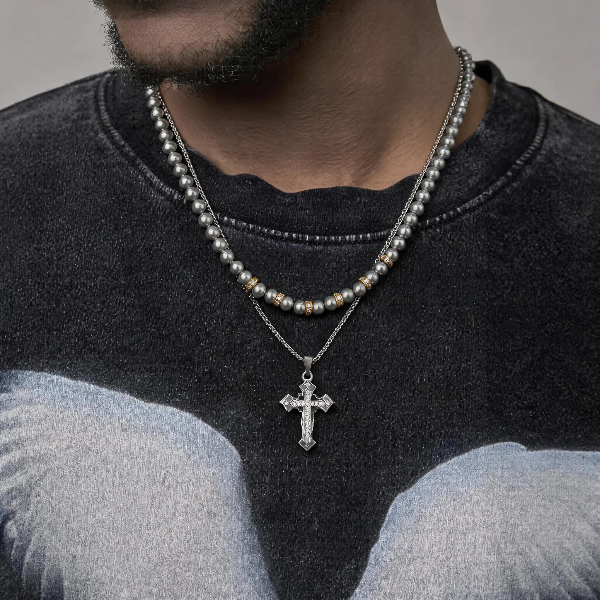Men's Gray Volcanic Rock Beaded Cross Pendant Necklace, Solid Black Insert, Christian Cross Motif Daily Faith Reminder, Daily Wear Streetwear Accessory for Party or Work, Smooth Texture Unisex Fit