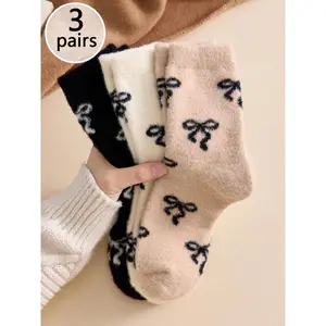 Women's Winter New Arrival Water Rabbit Fur Bowknot Plush Socks, Cute Sweet Mid-Calf Thick Snow Ski Sports Warm Home Sleep Socks