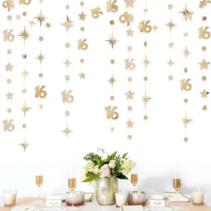 Champagne  Number 16 Circle Dot Twinkle  Garland Streamer Bunting Banner Backdrop Decorations for Girls Happy 16th Birthday Sweet Sixteen 16th Anniversary Cheers to 16  Party Decor