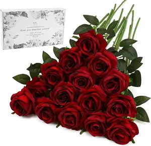 16 Pcs Fake Artificial Roses Silk Flowers with Stems for Home Wedding Hotel Office Centerpiece Decor（Burgundy）