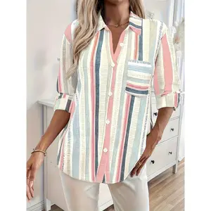 Plus Size striped printed button up front lapel shirt suitable for spring and autumn seasons with comfortable fabric
