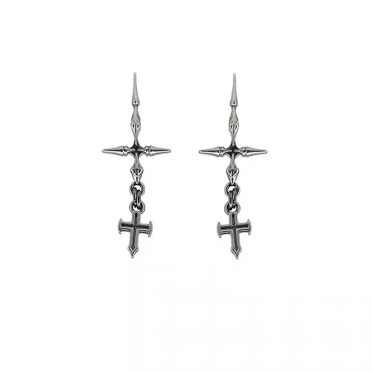 Gothic Punk Double Cross Chain Earrings Dark Cool Metal Piercing Jewelry for Gothic and Punk Fashion Enthusiasts Unique Edgy Look gifts