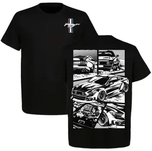 Ford Mustang Performance Graphic T-shirt for Men, Double-Sided Muscle Car Tee for Enthusiasts, Black Cotton Automotive Streetwear, Racing Shirt