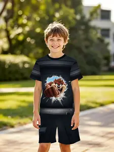 Boys' 3D Short Sleeve Set, Tasmanian Devil Wall-Breaking Print, Casual Two-Piece, Outdoor Wear, Holiday Gift, Birthday Present