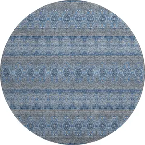 HomeRoots 651331 8 ft. Navy Blue, Gray & Ivory Floral Medallion Washable Round Decorative Blue Floral Multi-Tonal Large-Scale Area Rug with UV Protection, Decorative Area Rugs, Large-Scale Area Rugs