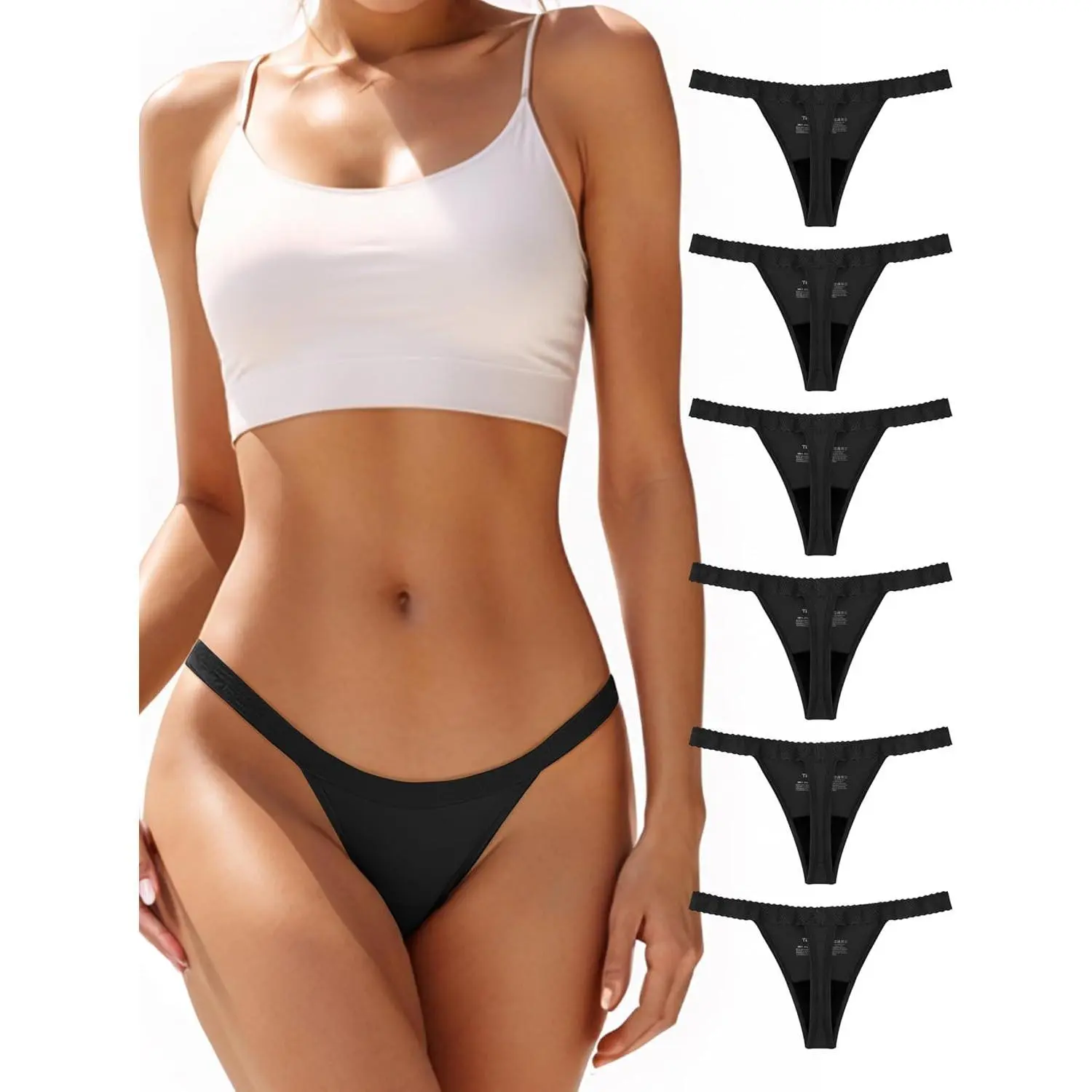 Women's 6-Pack Low Waist Thong Panties - Lace Trim, Soft Comfy Knicker, Cotton Blend Elastane Fabric, Light Absorbency, Leakproof Water Protection, Waterproof, Contrast Lace, Bundle Briefs, Adult, Period Underwear, Pack Of 6, Lady, Casual, Cold Wash