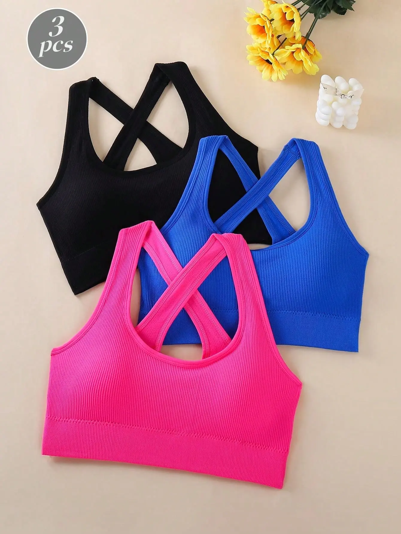 Women's 3-Pack Criss Cross Padded Racerback Knit Crop Tank Bralettes, Multifunctional Workout Sports Bras, Supportive Strappy Gym Bra, Padded Activewear for Fitness Running Yoga, Multifunctional Sports Bra, Strappy Workout Bra