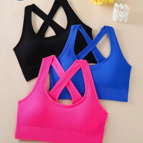 Women's 3-Pack Padded Criss Cross Racerback Crew Neck Knit Crop Tank Bralettes - Multifunctional Sports Bra, Strappy Padded Activewear for Fitness Yoga, Workout Bras for Women Underwear