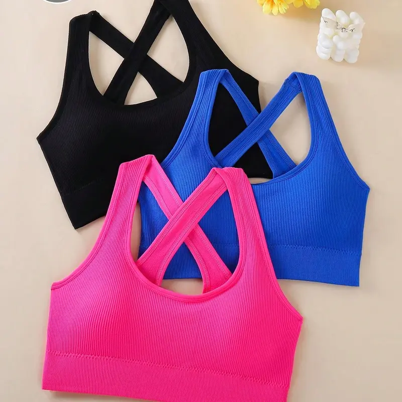Women's 3-Pack Padded Criss Cross Racerback Crew Neck Knit Crop Tank Bralettes - Multifunctional Sports Bra, Strappy Padded Activewear for Fitness Yoga, Workout Bras for Women Underwear,sohochic