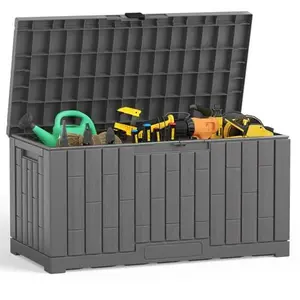 Deck Box 60 Gallon, Waterproof Outdoor Storage Container with Lockable Lid, UV Resistant Resin Patio Storage Box for Cushions Gardening Tools, Portable with Handles, Bench-Style, Tool-Free Assembly