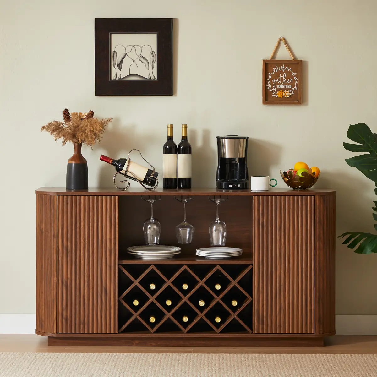 58" Modern Wavy Curve Wood Sideboard - 3-Section Multifunctional Storage Cabinet with Wine Rack, Glassware Holder, Adjustable Shelves Cabinets, Ideal for Kitchens, Dining Rooms (Walnut), Wood Cabinets