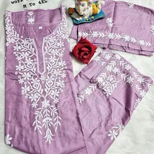 Chikankari Kurti Palazzo Set for Women - White Bottom, Rayon Fabric, Three-Quarter Sleeves, Casual Style, Embroidery Design - Maxi, Womenswear, Comfort, Floral, Dress