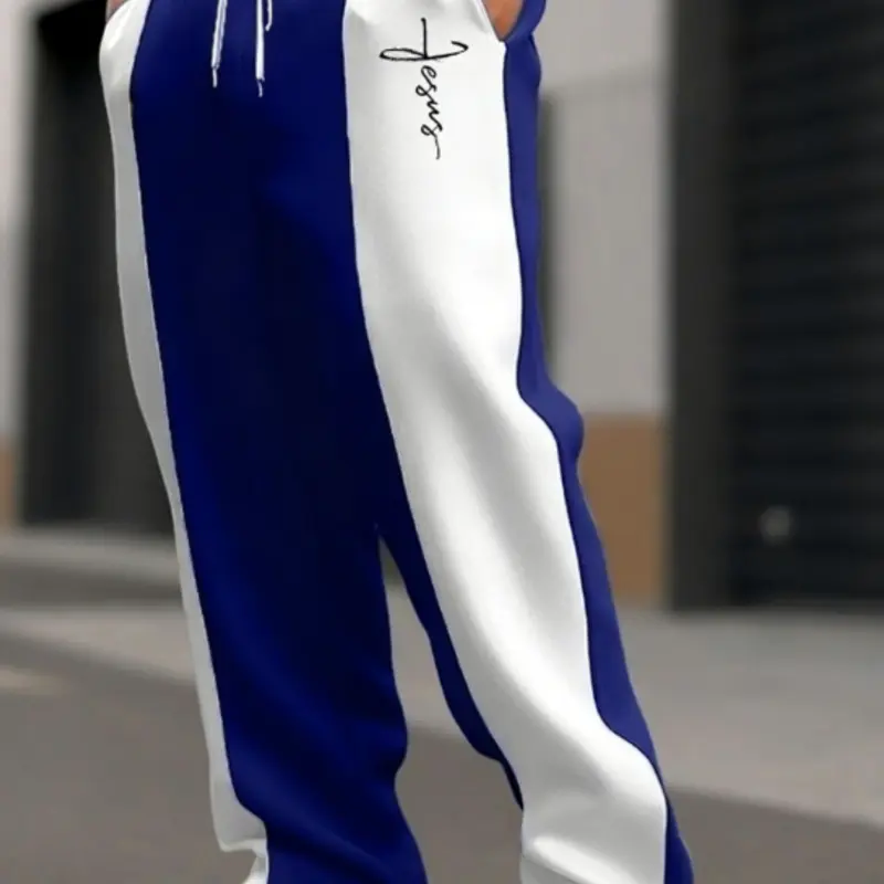 Men's Printed Patchwork Casual Knitted Sports Trousers, Regular Fit Comfortable with Drawstring Waist, Autumn & Winter Daily Casual Knit Athletic Sporty Pants, Casual Sportswear Pants
