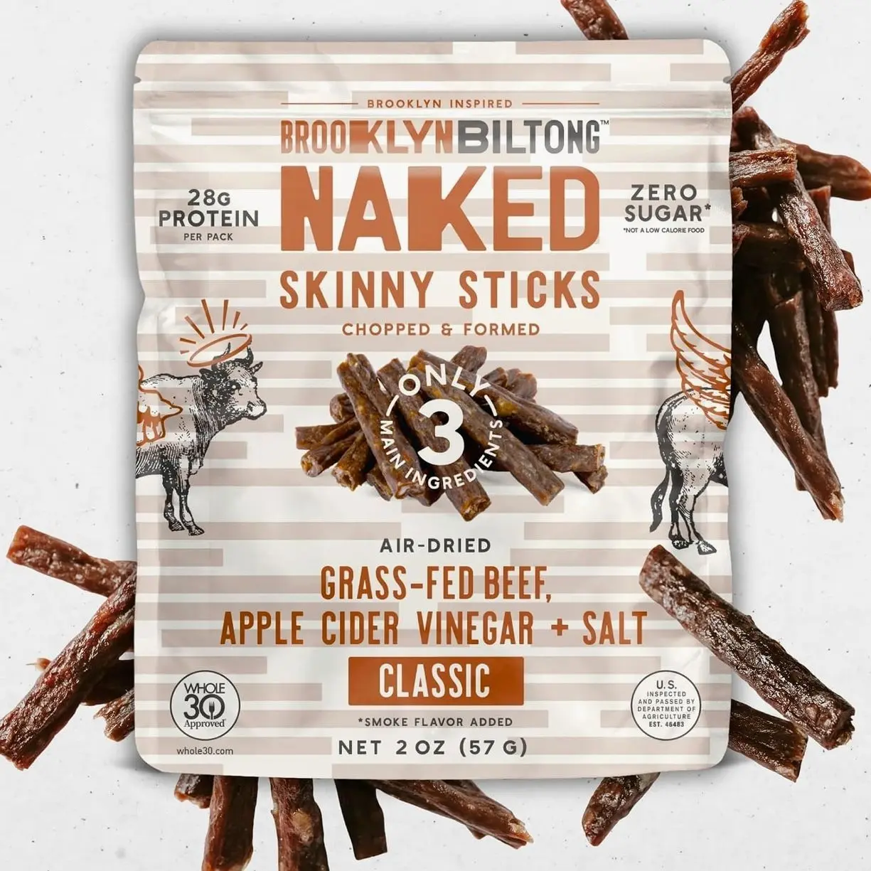 Brooklyn Biltong Naked Skinny Sticks (Naked 2 oz, Pack of 2) - Grass-Fed Biltong Beef Jerky Meat Stick - 14g High Protein Snacks - Premium Air Dried, Paleo, Keto, Gluten Free, Sugar Free - Made in USA