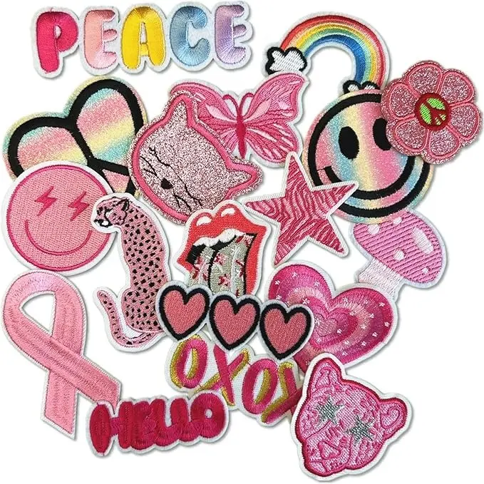 Pink Preppy Decor Iron On Patches, Cute Embroidery Applique Patches for Backpacks, Aesthetic Stuff for Clothing, Jackets, Jeans, Hats (Cute5 18 Pcs)