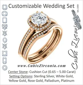 CZ Wedding Set, featuring The Letitia engagement ring (Customizable Cathedral-set Cushion Cut Halo Style with Pavé Band)