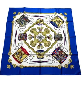 Pre-owned HERMES Multicolor Silk Scarf "LES TAMBOURS" 35”x35”/90, Blue with Gold and Red Accents, Unique Design, 100% Silk #1333
