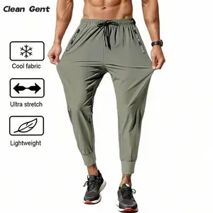 Clean Gent men’s solid-color drawstring elastic jogger pants with zippered pockets for outdoor fitness; lightweight and comfortable with a stretchy design—ideal for sports-casual wear and suitable for everyday use and summer workouts/running.
