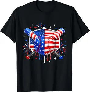Baseball Drip American Flag for Boys Men 4th of July T-Shirt Kids graphic tee