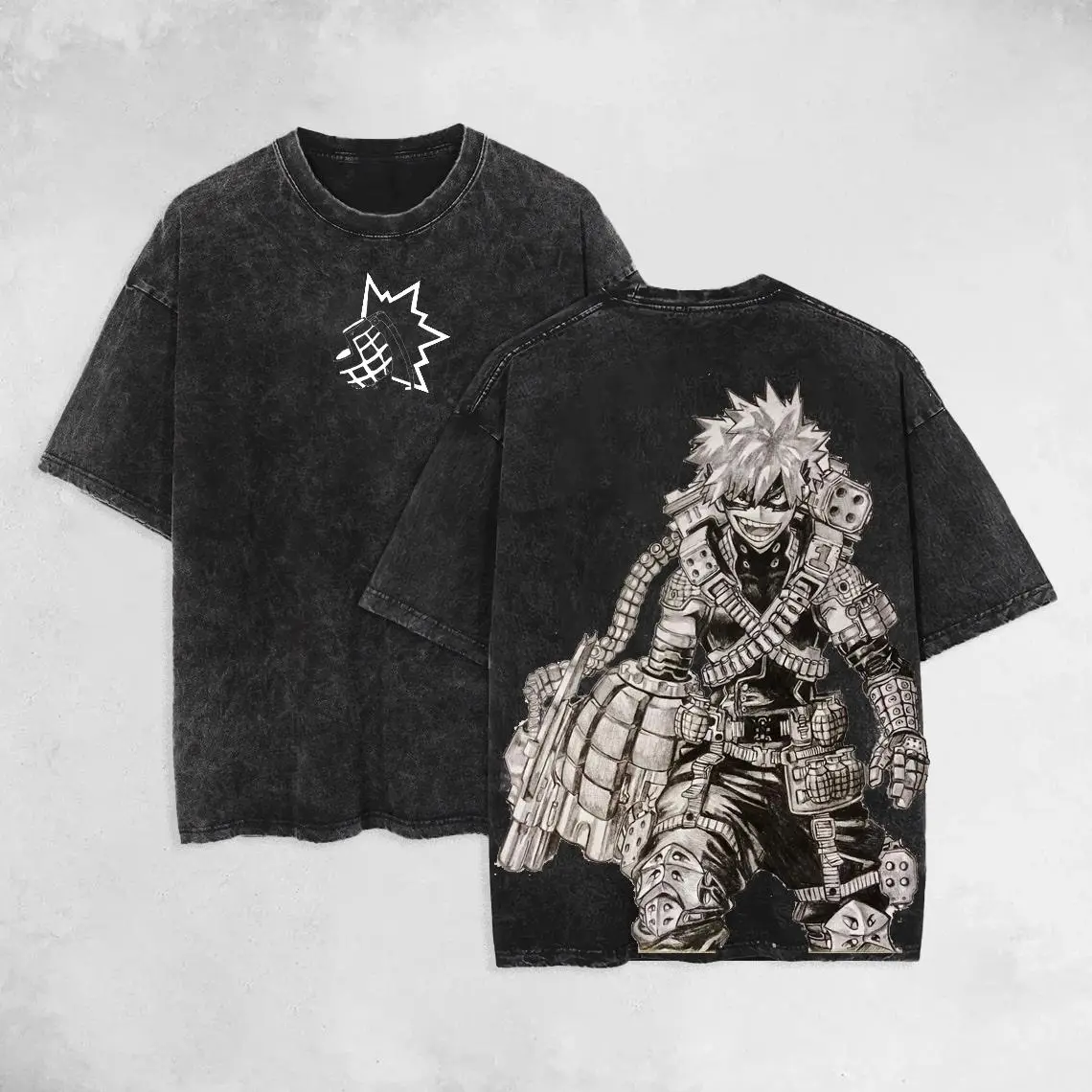 Retro Vintage Limited Bakugo - My Hero Acedemia Anime Double Printed Oversized Washed Tee Unisex Oversize Anime Manga Acid Washed Lightweight Cotton T