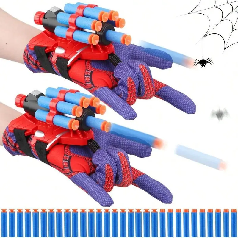 Spider Hero Cosplay Costume Prop Wrist Launcher Web Shooter - 2 Pack Safe Polyester Wearable Glove Toy with 10 Soft Darts, Spider Web, for 4+ Unisex Kids, Adventure Outdoor Summer Gift, Stress Relief Toy