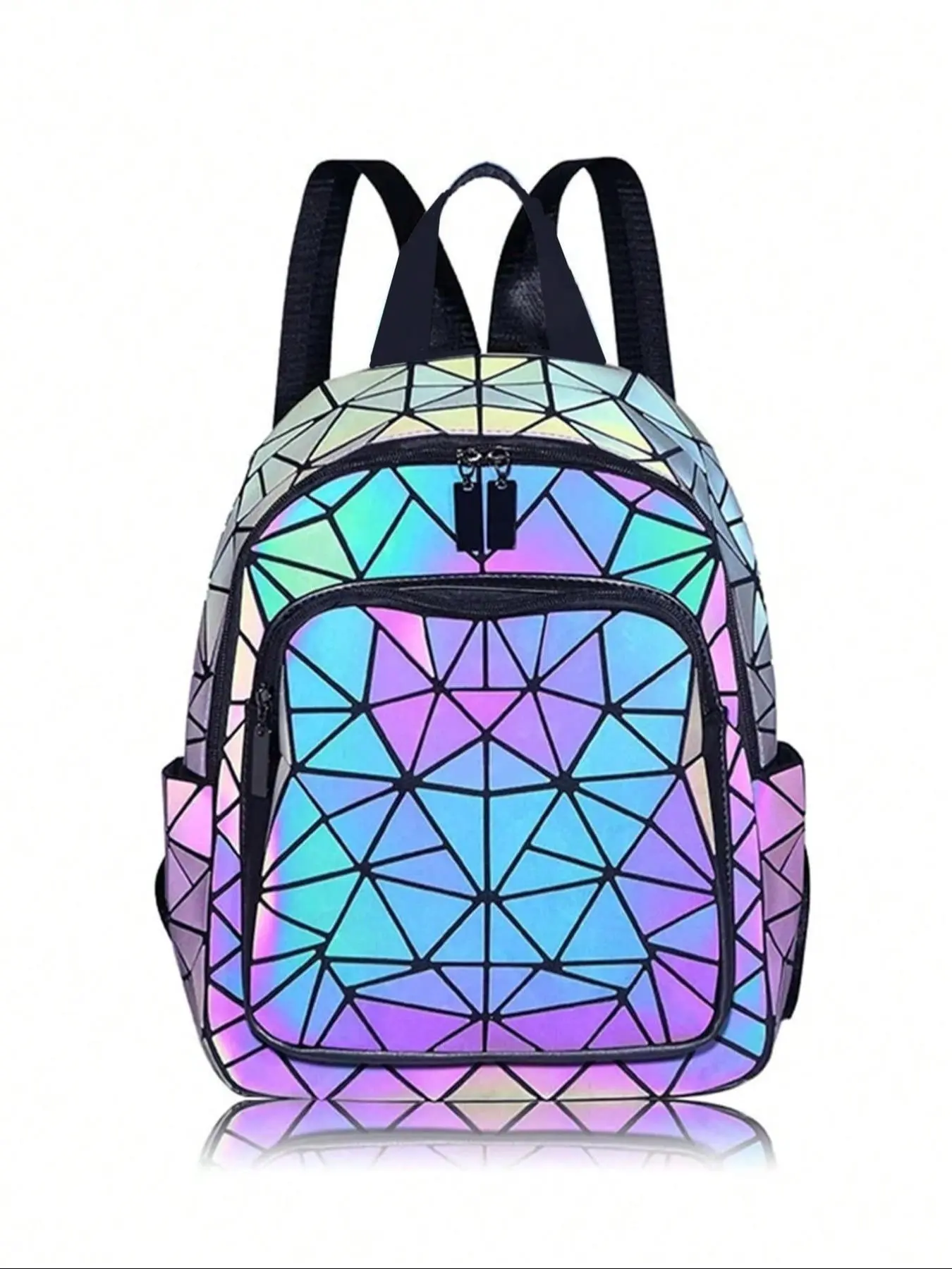 Holographic Geometric Pattern Women Backpack, Stylish Reflective Grid Design, Casual Large Capacity Backpack for Travel & School