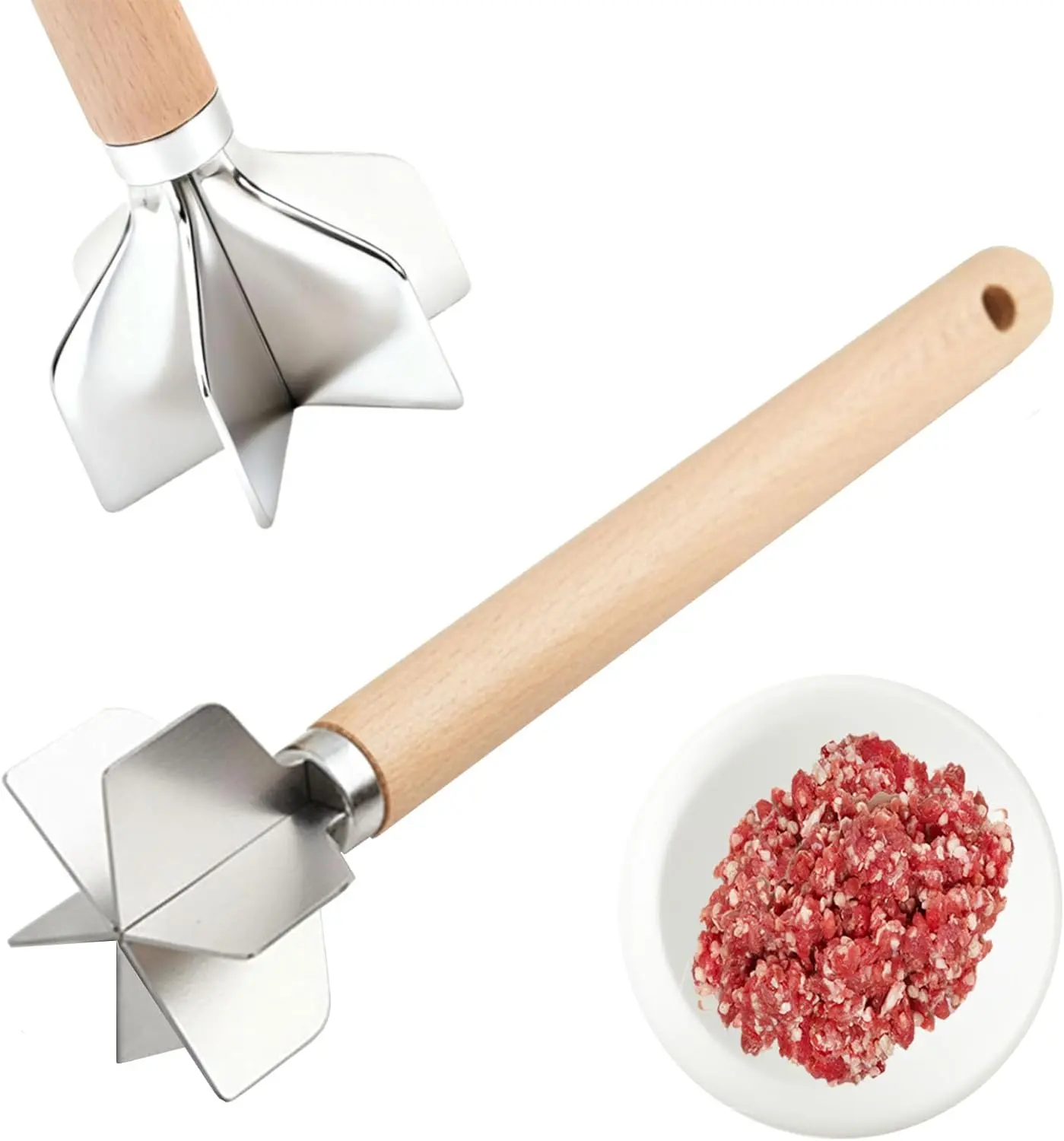 304 Stainless Steel 11-in 6-Blade Meat Chopper & Potato Masher Kitchen Utensil with Wooden Handle for Ground Beef Prep, Utensils