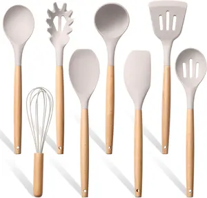8 Pcs Kitchen Cooking Utensils Set, Heat Resistant Non-Stick Silicone Cooking Kitchen Utensils Set with Wooden Handle, Food-Grade Silicone Spatula Spoon Turner Server Whisk Ladle (Khaki) Hanging Cookware