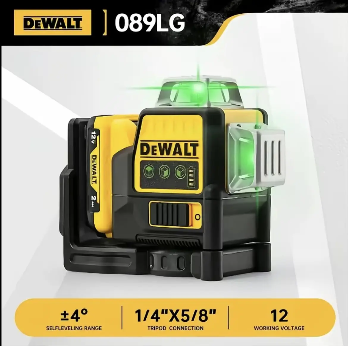 DEWALT DW089LG 12V Lithium Self-Leveling Green Laser Level - 12 Lines Precision, 3-side 360-degree Horizontal Functionality, Green Light Technology Laser Tool for Renovation, DIY Users