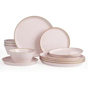 Saturn Dinnerware Sets, and Sets for 4, 12 Pieces Stoneware Dish Set - Chip and Scratch Resistant, and Dishwasher Safe Tableware Set, Light Pink with Rim