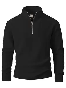 Men's Fall Winter Outfits Fleece Warm Plain Long Sleeve Stand Collar Fitted Pullover Sweatshirt Tops for Daliy Wear, Old Money Zipper Half Button Design, Casual Trendy Versatile Must-Have