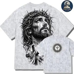 Vintage Mineral Wash Graphic Tee Oversized Streetwear T-Shirt Heavyweight Boxy Top Retro Gothic Jesus Christ Thorn Crown Print Religious Crucifix Cross Luxury Washed Apparel