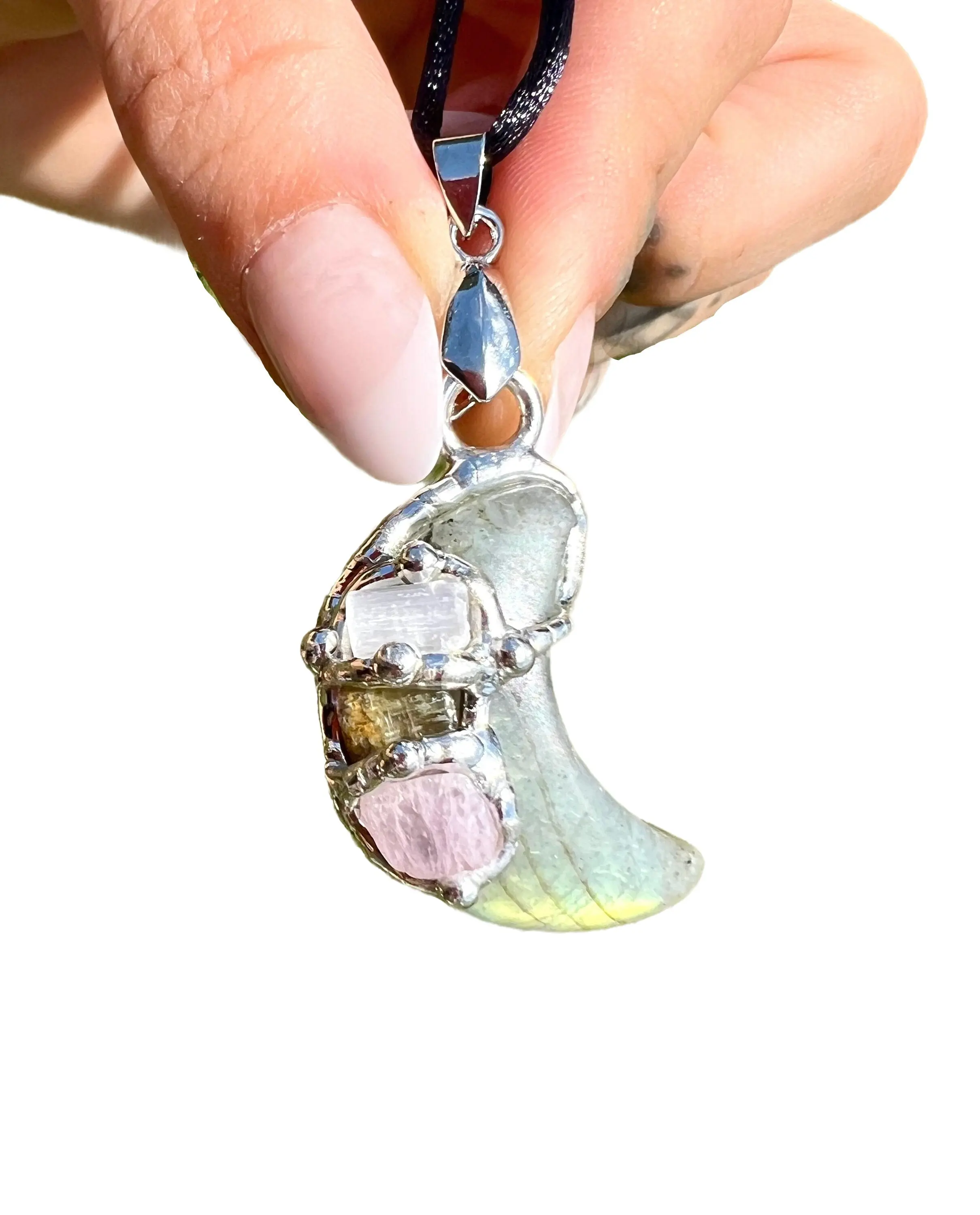 Spiritual Awakening Moon Amulet Pendant with Black Satin Cord, Labradorite, Selenite, Kunzite, Mixed Tourmaline