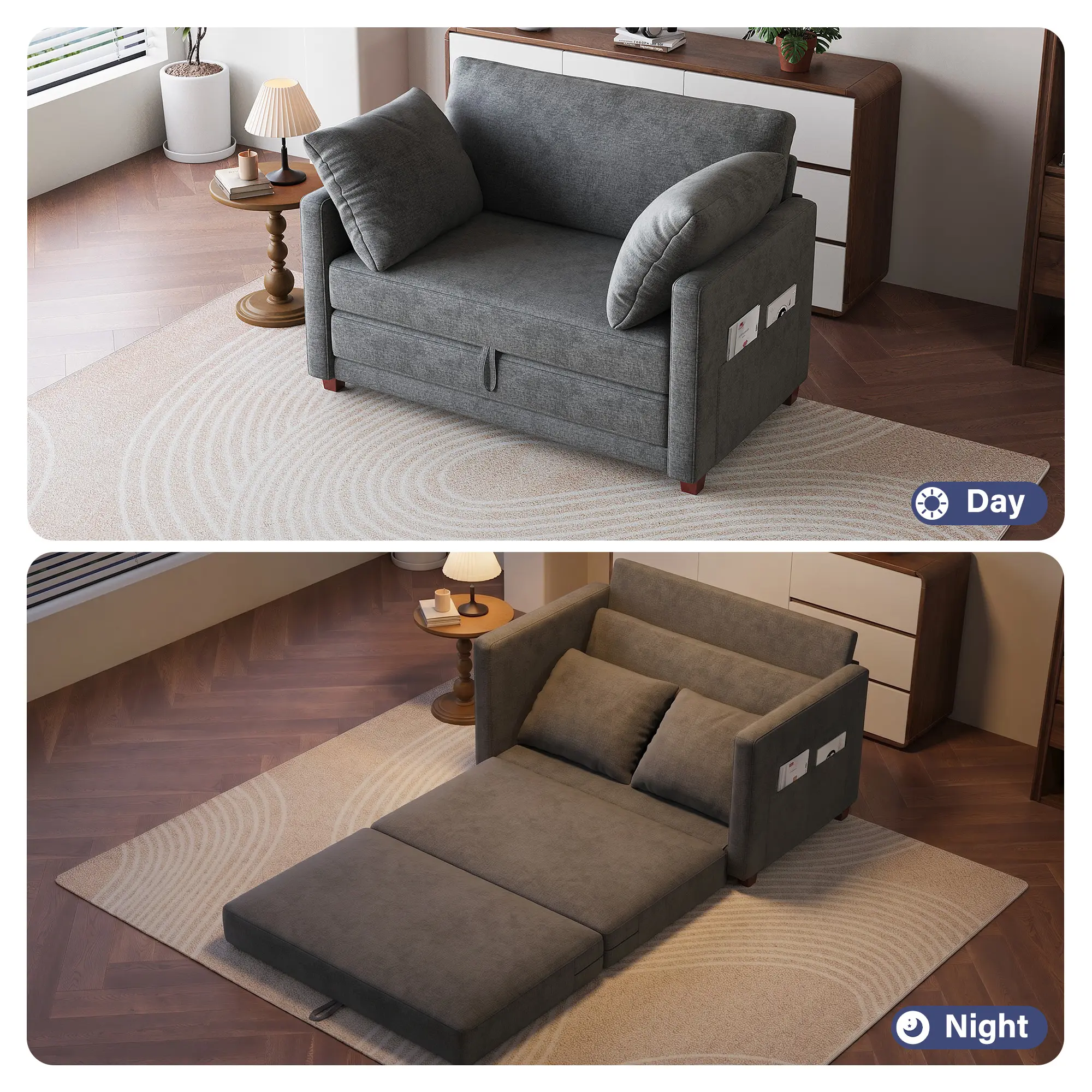 GuroMagicSofa 51in Modern Foldable Couch - Fully Assembled Convertible Loveseat Sofabed, Single-Person Futon with Storage Pocket, Space-Saving Low Profile Mini Living Room Furniture for Tiny Apartment