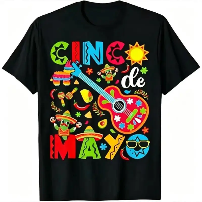 Men's Cinco de Mayo Graphic T-Shirt, Retro Fiesta Print in Soft 100% Cotton, Casual Short Sleeve Fitness Tee, Shortsleeve, Menswear, Mexican Theme, Elastic Fabric, Tshirt, Top, Soft Cotton, Retro Theme, Simple, Easy Care, Round Neck