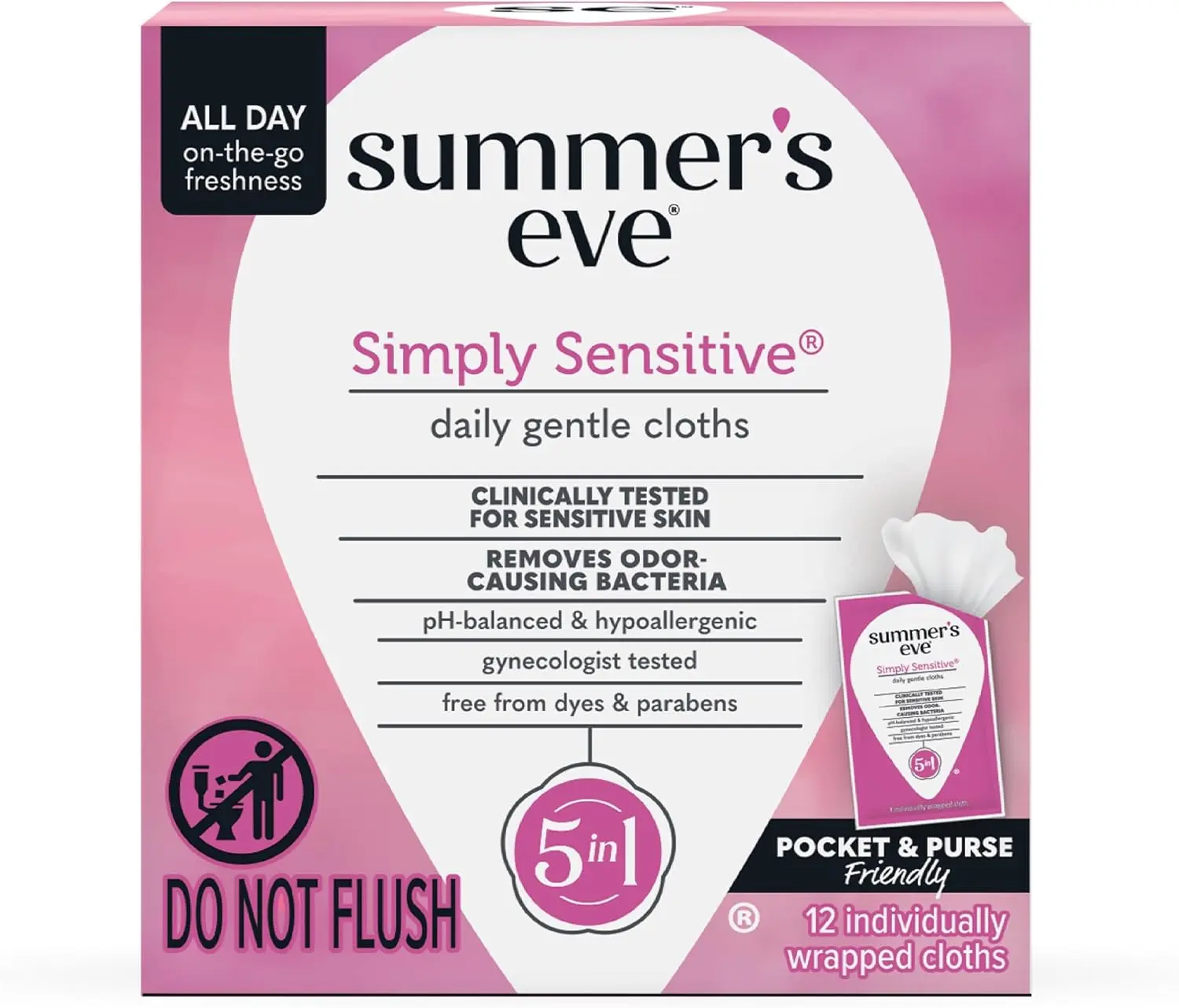 Summer's Eve Simply Sensitive Feminine Cleansing Wipes Cleanser, pH-Balanced with Micellar Water, Hypoallergenic Floral Fragrance, 12 Individually Wrapped Singles