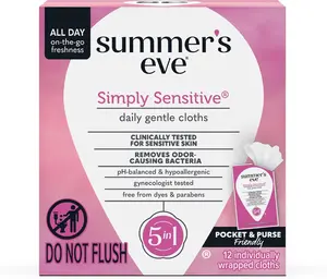Summer's Eve Simply Sensitive Daily Feminine Wipes, pH-Balanced Micellar Water Formula, 12 Individually Wrapped Wipes, Hypoallergenic, Floral Scent, 5-in-1 - Cleansing