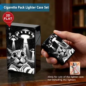 To My Husband Plastic Cigarette Case & Metal Lighter Shell Set,First choice for a New Year of 2026 and Valentine's Day gift: a set of metal lighter cases and plastic cigarette cases featuring 2D printed patterns of cats stunned by UFOs and starry skies