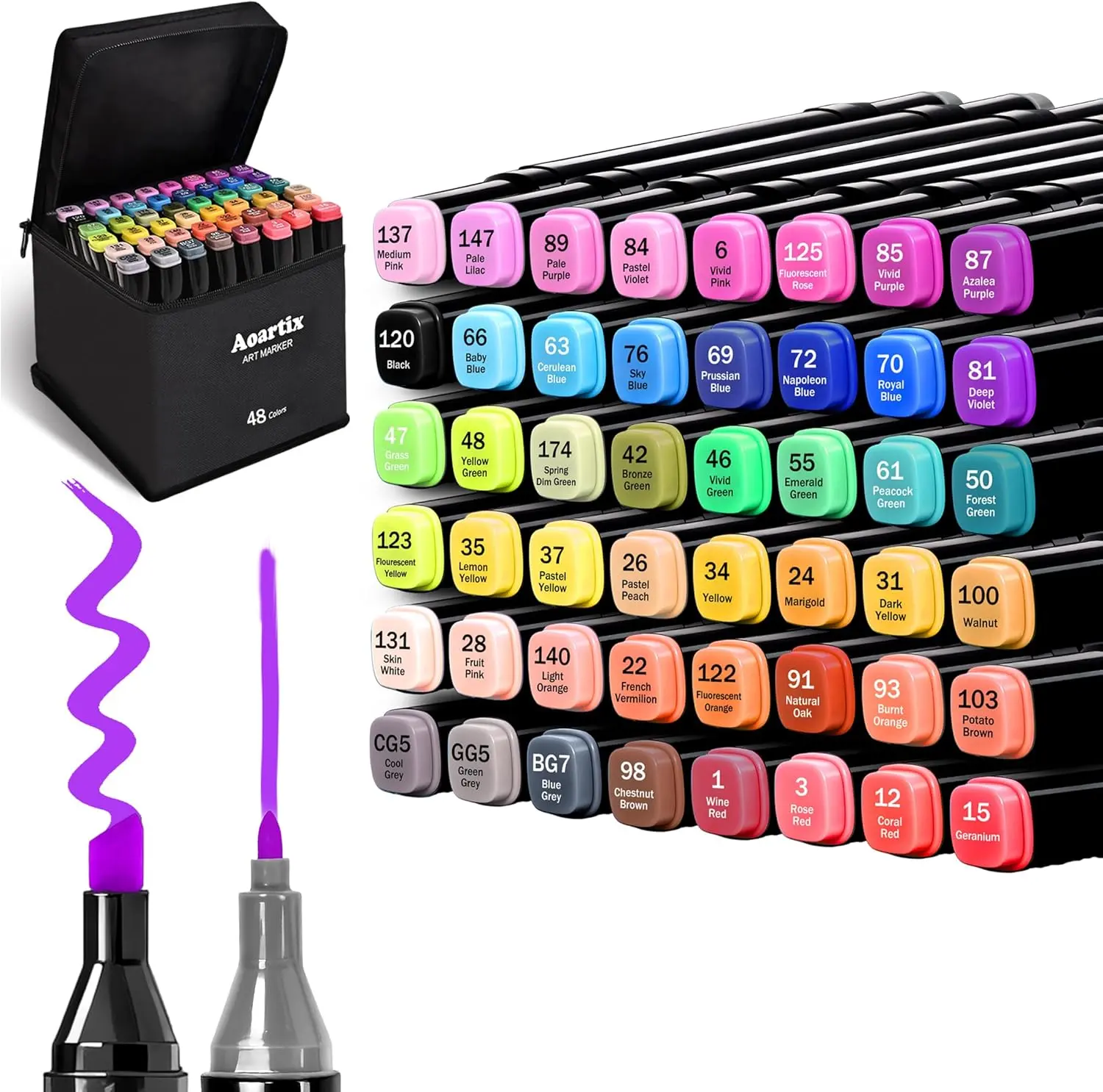 48-Color Alcohol Marker Set, Dual-Tip Fine & Chisel Permanent Markers for Kids, Art Drawing & Sketch Book Supplies, Mark